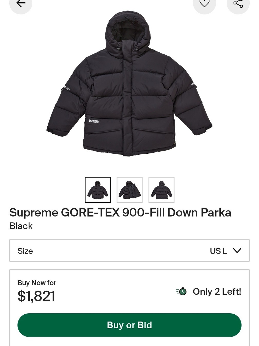 Supreme GORE-TEX 900-Fill Down Parka Jacket Black Large